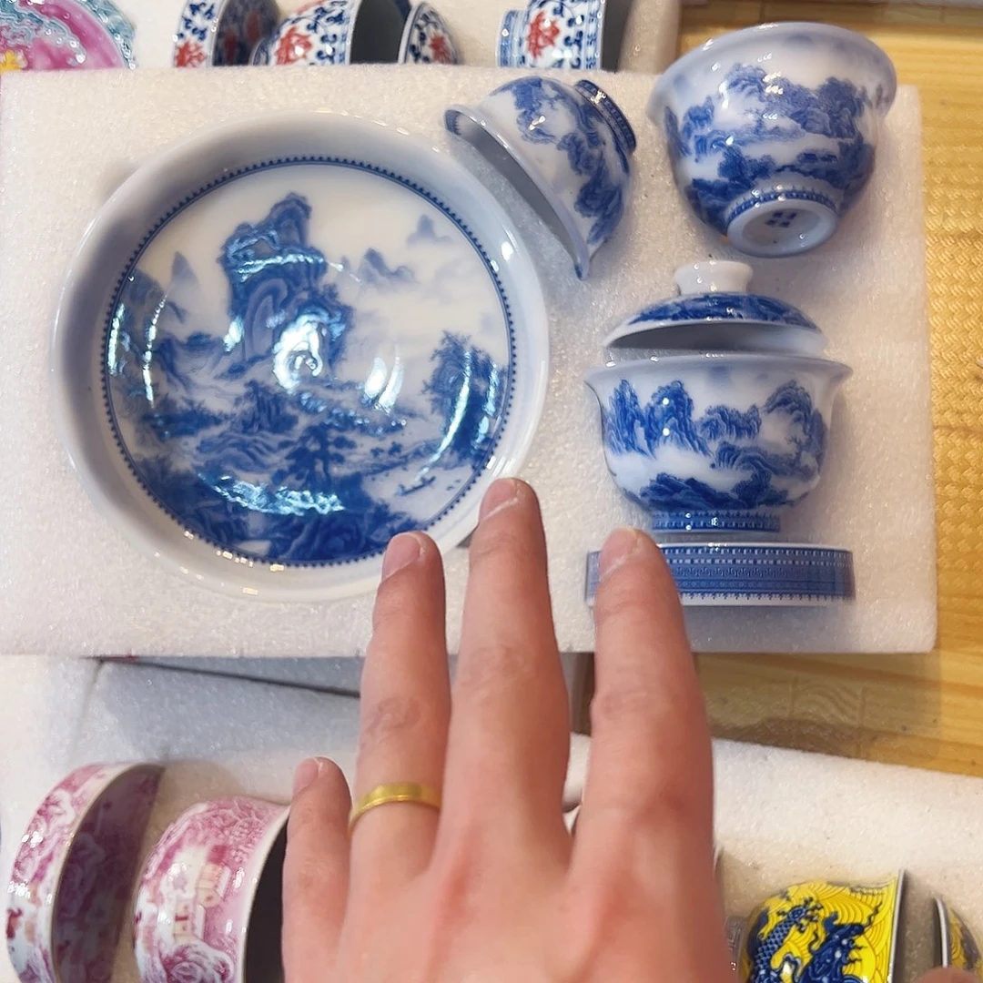 广***厂璞玉材质溪山行旅图五件套