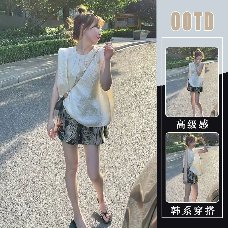 欧货洋气短裤套装女2025夏时尚气质百搭无袖衬衫+提花短裤两件套