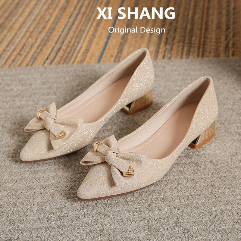 气质高跟鞋女2025新款百搭粗跟伴娘鞋低跟大码仙女不累脚尖头单鞋