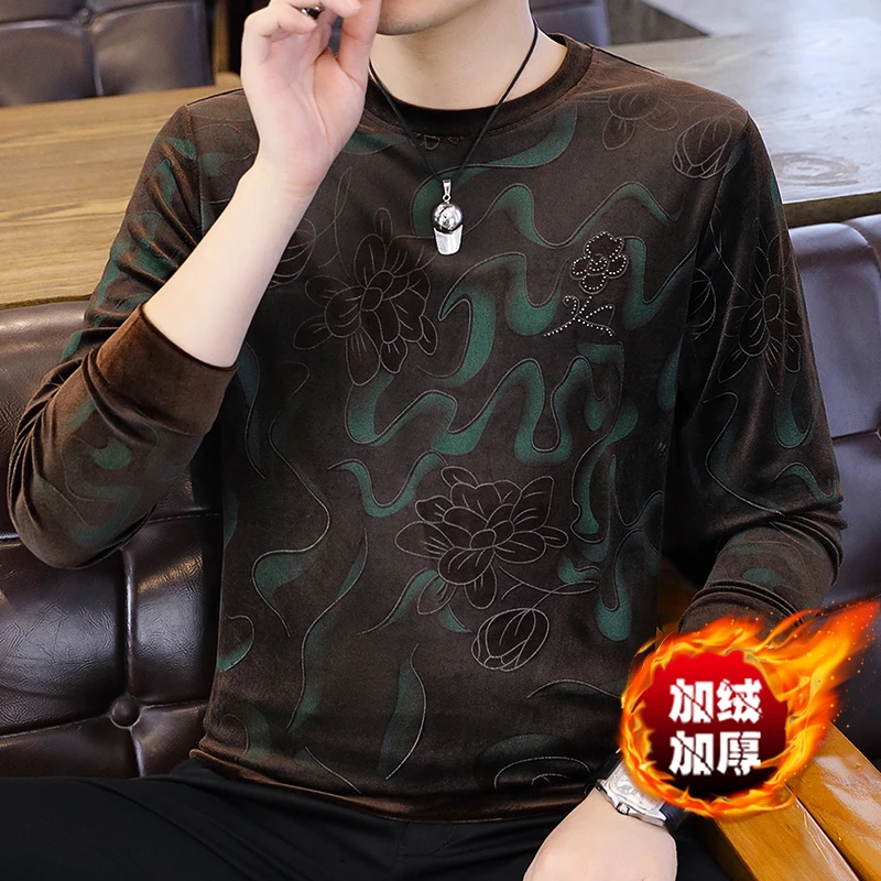 CALTOKROSA金丝绒卫衣男加绒加厚款圆领套头长袖T恤打底衫青年潮