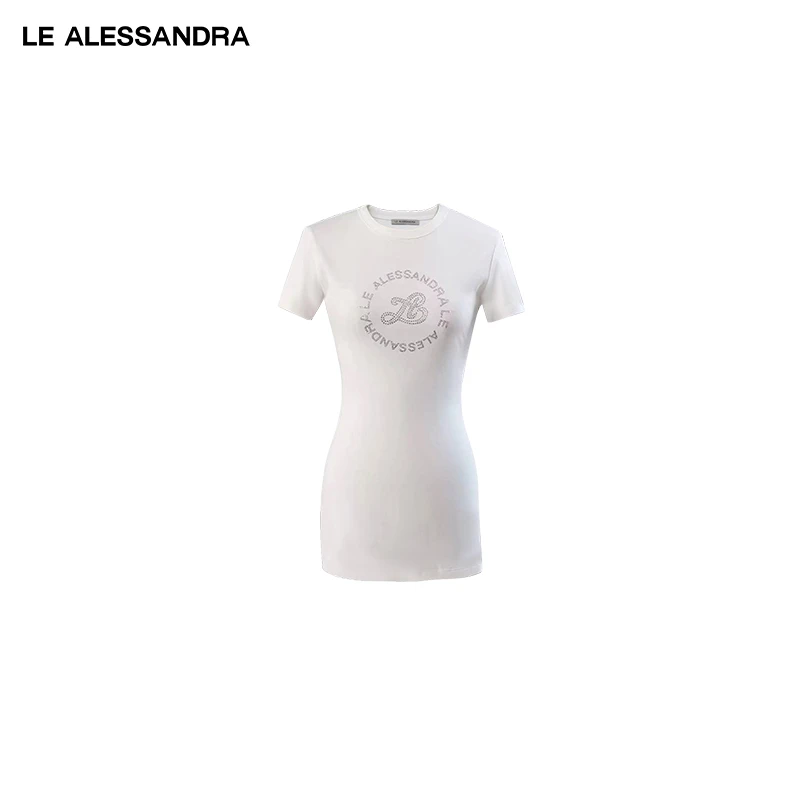 品牌直营 LE ALESSANDRA 圆领修身钻饰徽标打底连衣裙