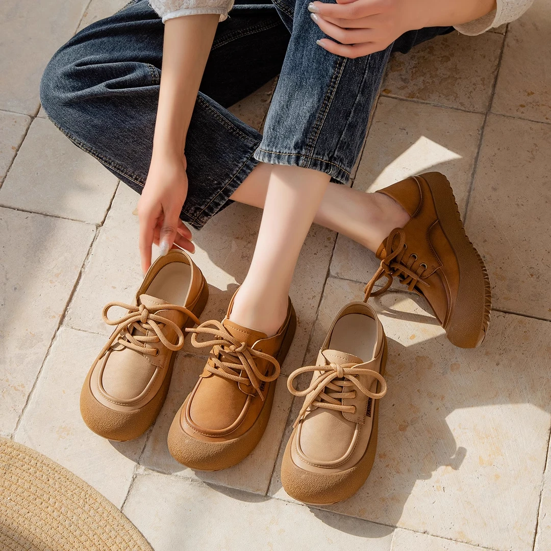 百搭气质休闲小单鞋女款2025新款爆款真皮软底乐福鞋女系带浅口