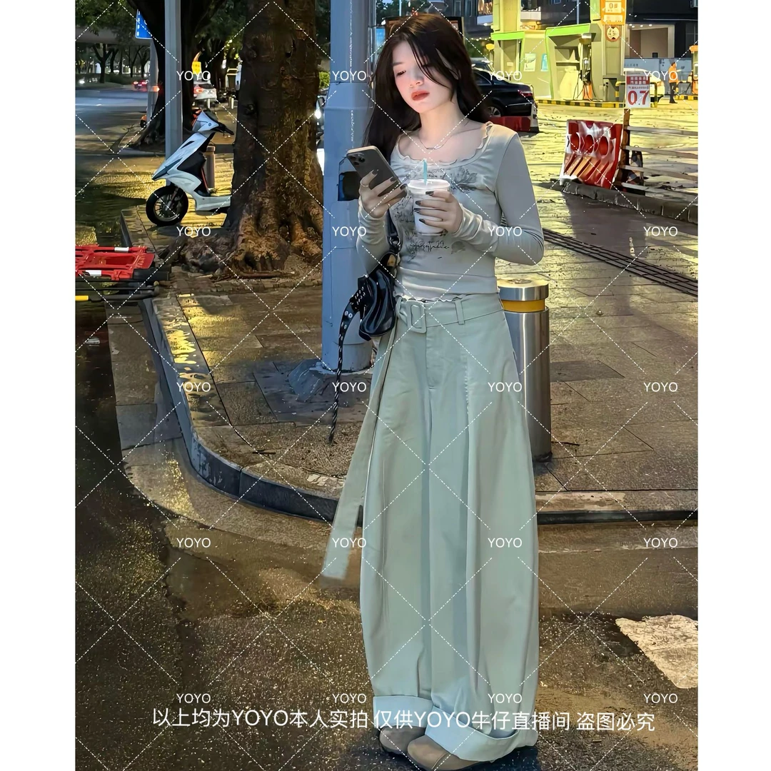 YOYO自制【本布飘带】秋款气质小众设计感法式水洗棉休闲气球裤