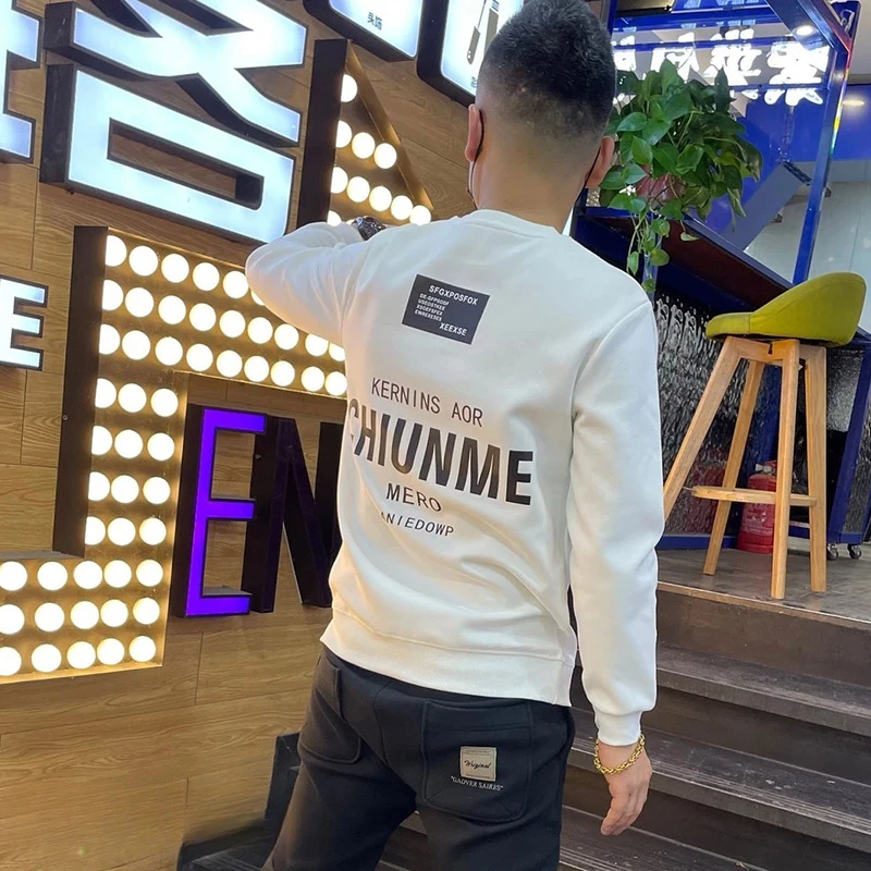 秋冬爆款重磅高品质欧货印花卫衣男士帅气白色圆领长袖打底衫上衣