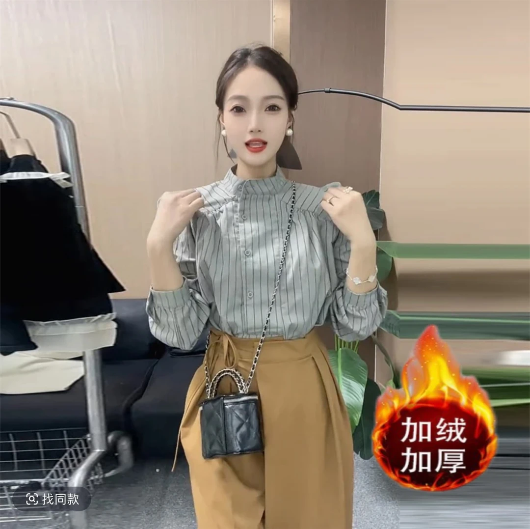 加绒加厚长袖条纹时尚衬衫通勤高级感韩系女装潮流宽松个性上衣女
