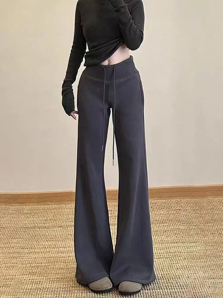 5860#美式抽绳秋冬新款微喇叭裤女高腰显瘦运动休闲裤子（约100）