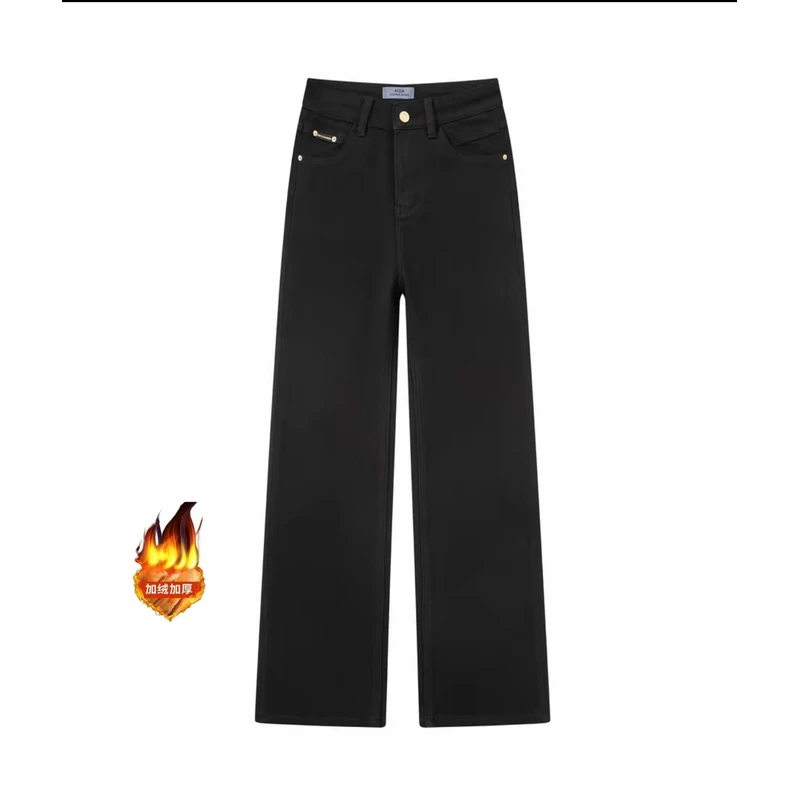 秋冬款加绒弹力时尚简约窄版显瘦中高腰百搭赫黑色直筒牛仔裤1012