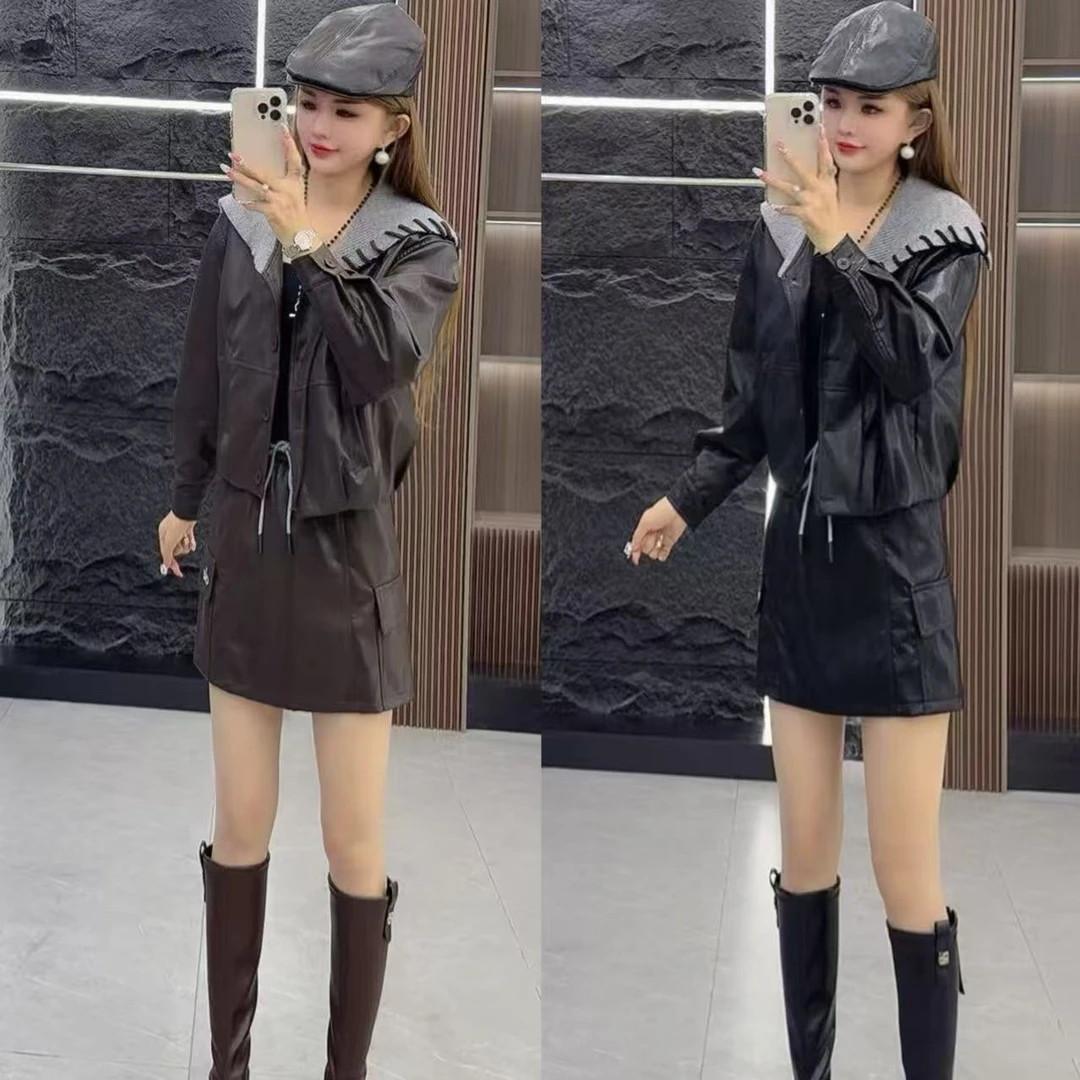 精品0683 时尚洋气编织装饰领皮外套上衣 加 短皮裙 两件套