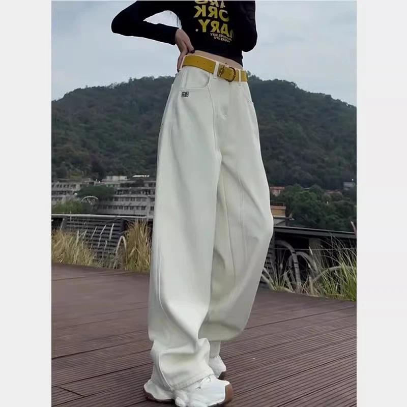 白色直筒阔腿牛仔裤女2025秋冬加绒大码宽松小个子高腰显瘦弯刀裤