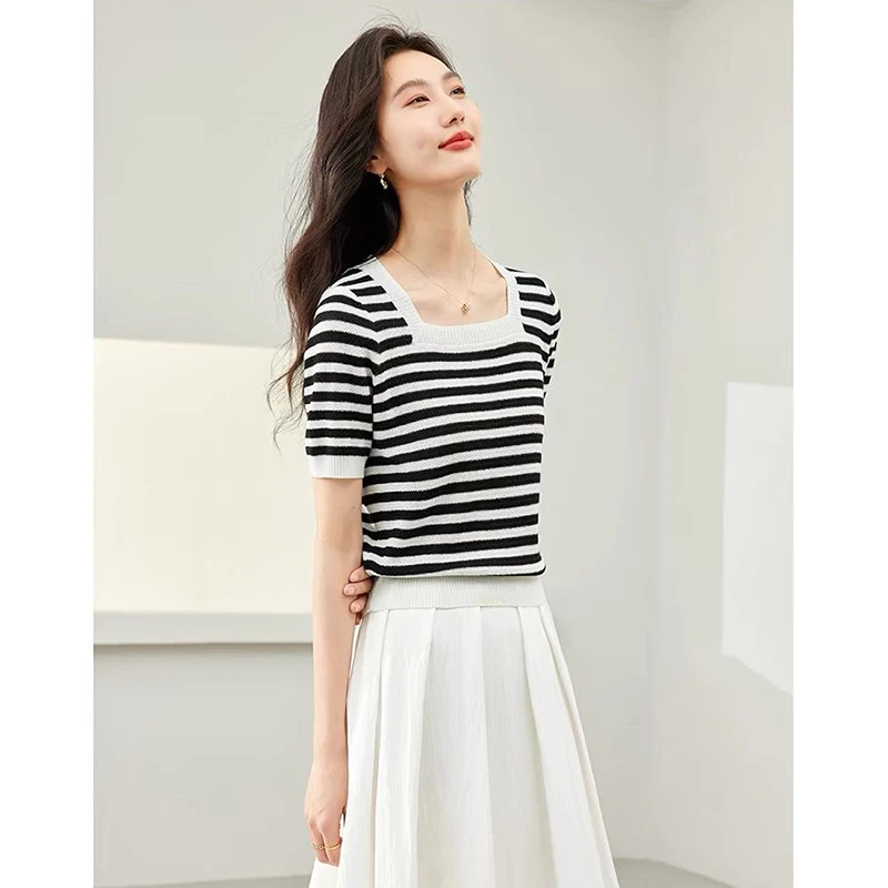 【水蓝色条纹】3145超柔软高品质法式方领条纹上衣