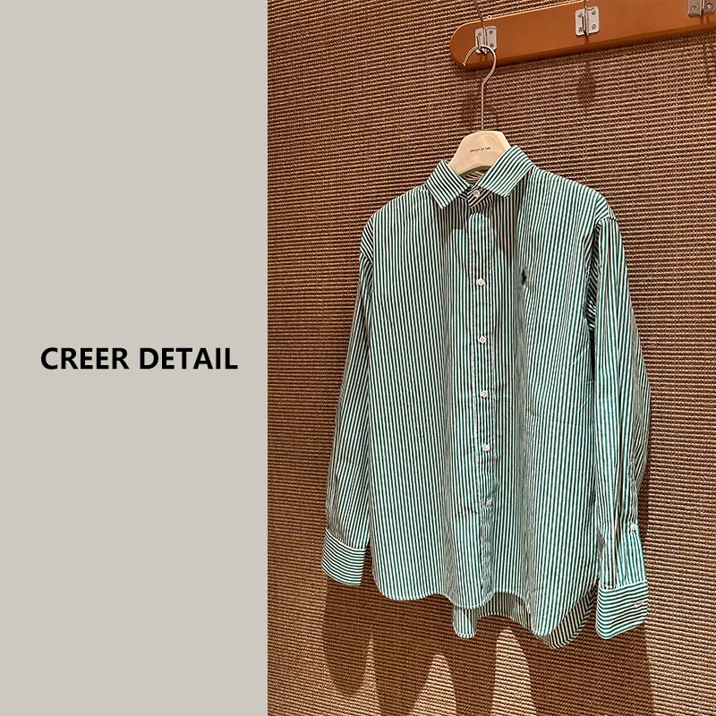经典小马标绿条纹衬衫宽松正肩显瘦长袖衬衣