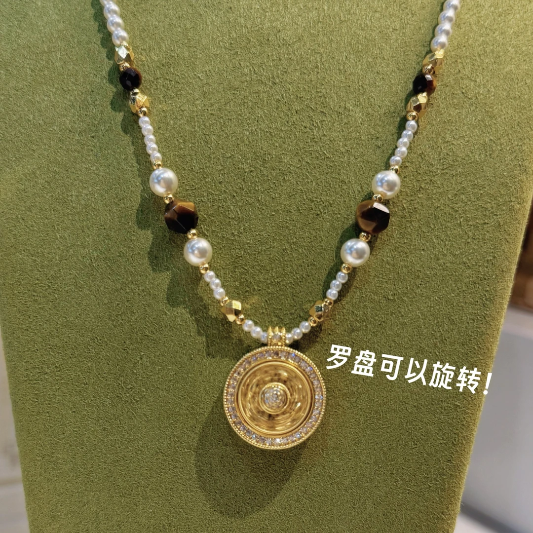 合金仿珍珠项链 【西娅专属】美拉德旋转罗盘仿珍珠项链可双面佩戴
