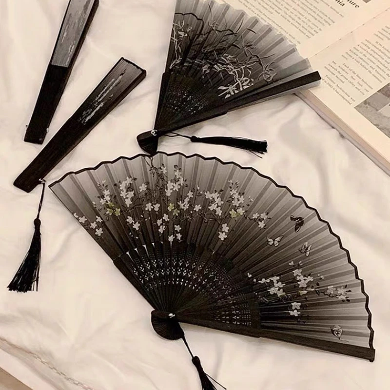 中国风黑色水墨画旗袍扇子随身夏天中式流苏折扇便携汉服竹扇