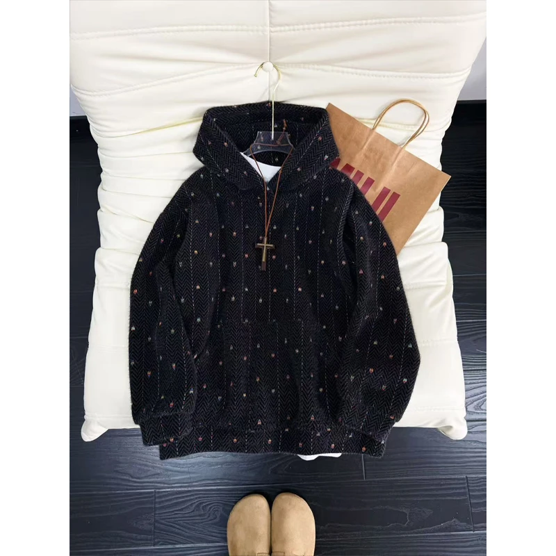 小香风针织刺绣卫衣男冬季重磅加厚情侣外套cleanfit潮牌连帽上衣