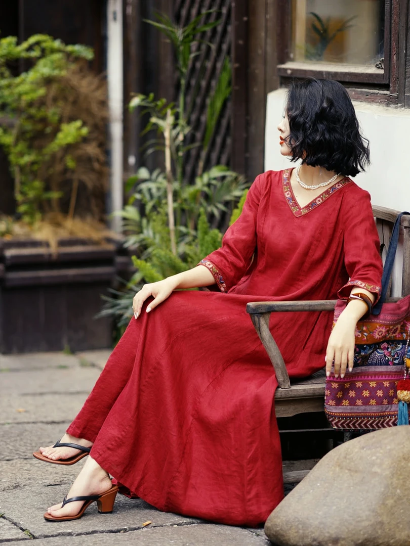 羊在在【赤霞霓裳】民族风小礼服刺绣V领连衣裙大裙摆LYQ25YL1155