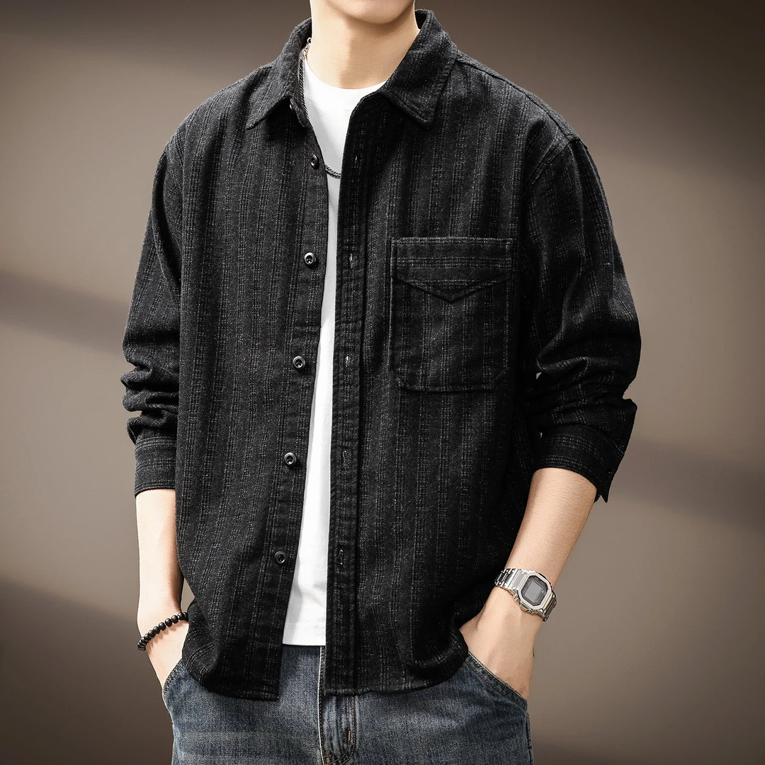 美式高端竹节棉水洗潮牌长袖衬衫男2025秋季宽松休闲工装衬衣外套