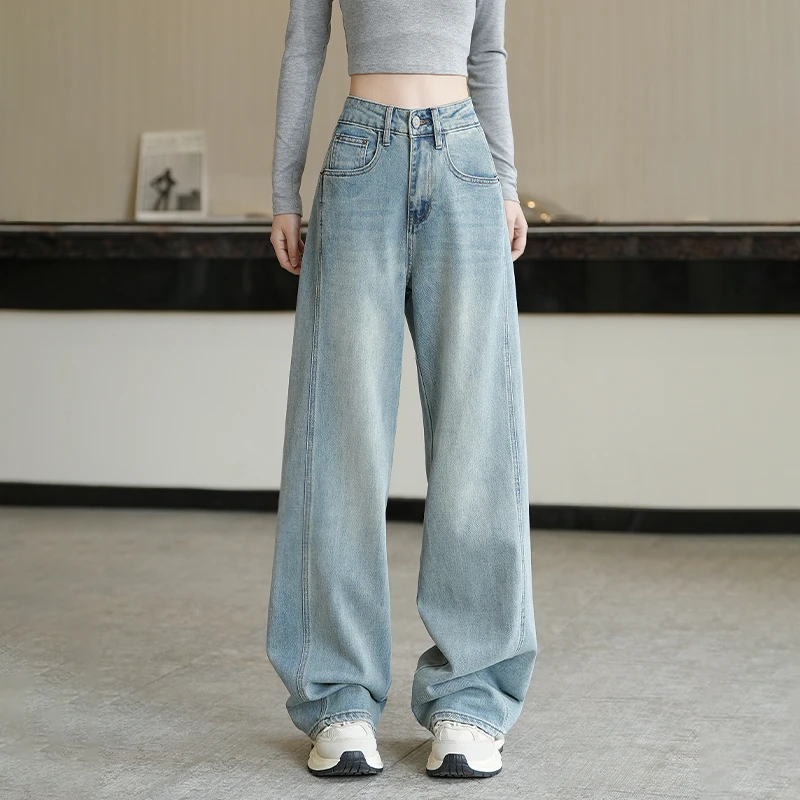高腰窄版阔腿牛仔裤女2025春季新款复古宽松显瘦垂感拖地直筒长裤