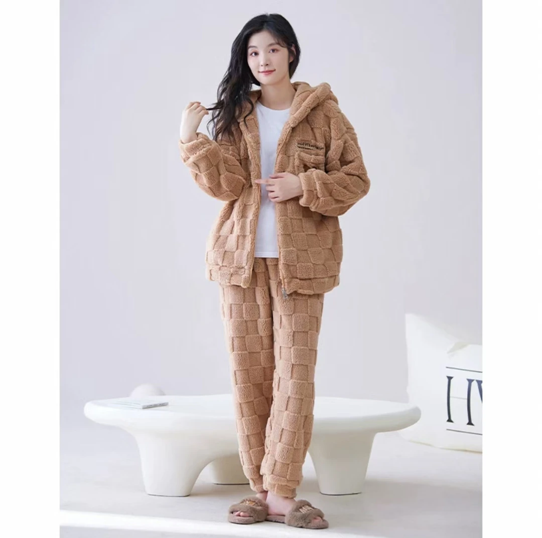 CD309卡通小熊格子感长袖长裤连帽开衫好看洋气家居服套装