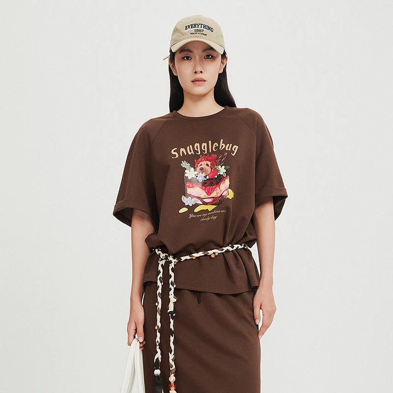 HPLY荷比俪2025秋女圆领宽松廓形可爱萌趣印花图案T恤HVF33621158