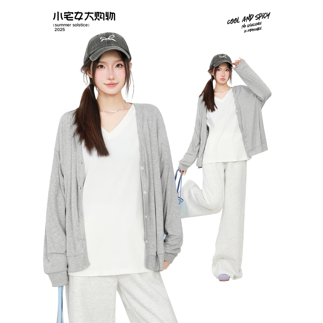 小宅女  灰色防晒长袖外套女宽松短袖t恤休闲长裤早秋慵懒风套装