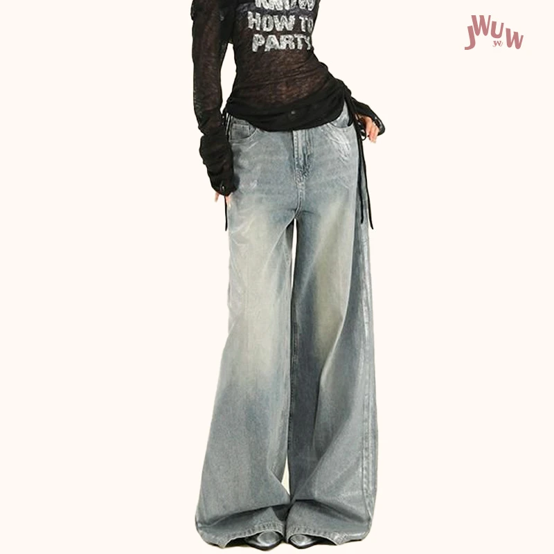 JWUW秋季新款莱赛尔复古烫银水洗牛仔裤女做旧宽松阔腿拖地长裤子
