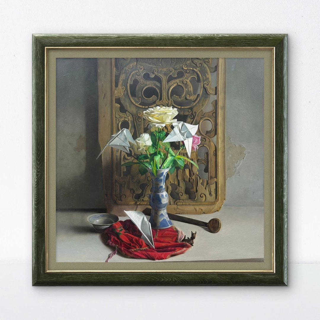 手绘油画 《古纹伴新羽》收藏油画  画心尺寸80x80cm