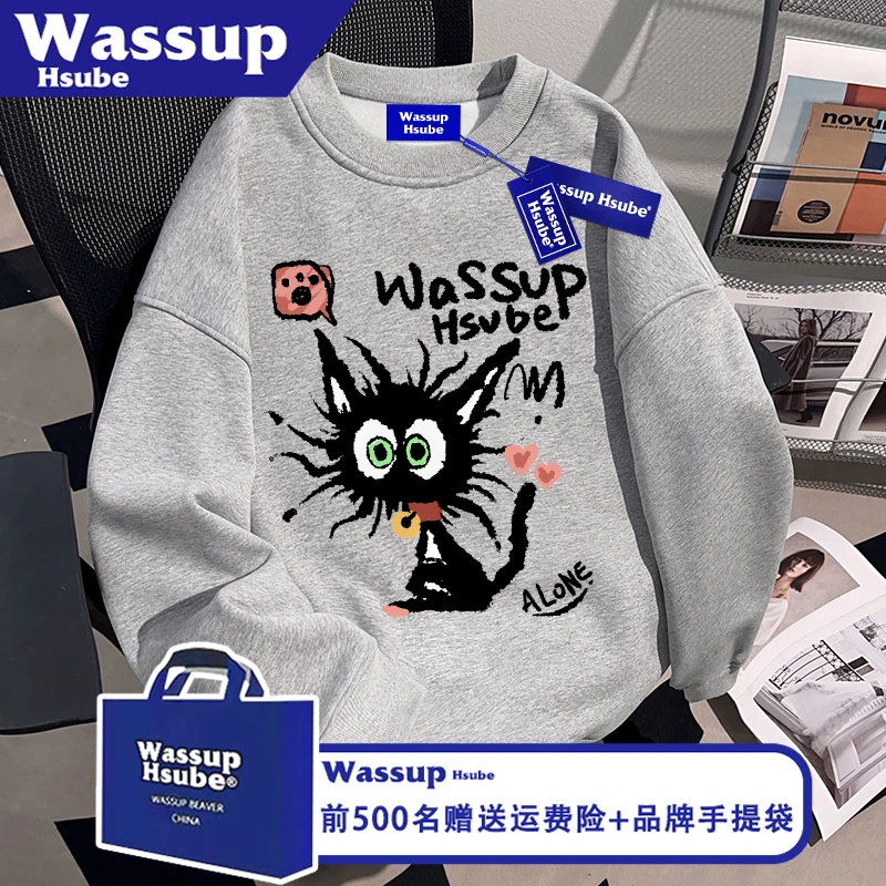 WASSUP HSUBE小猫印花浅灰高级感圆领卫衣秋冬男女款加绒重磅上衣