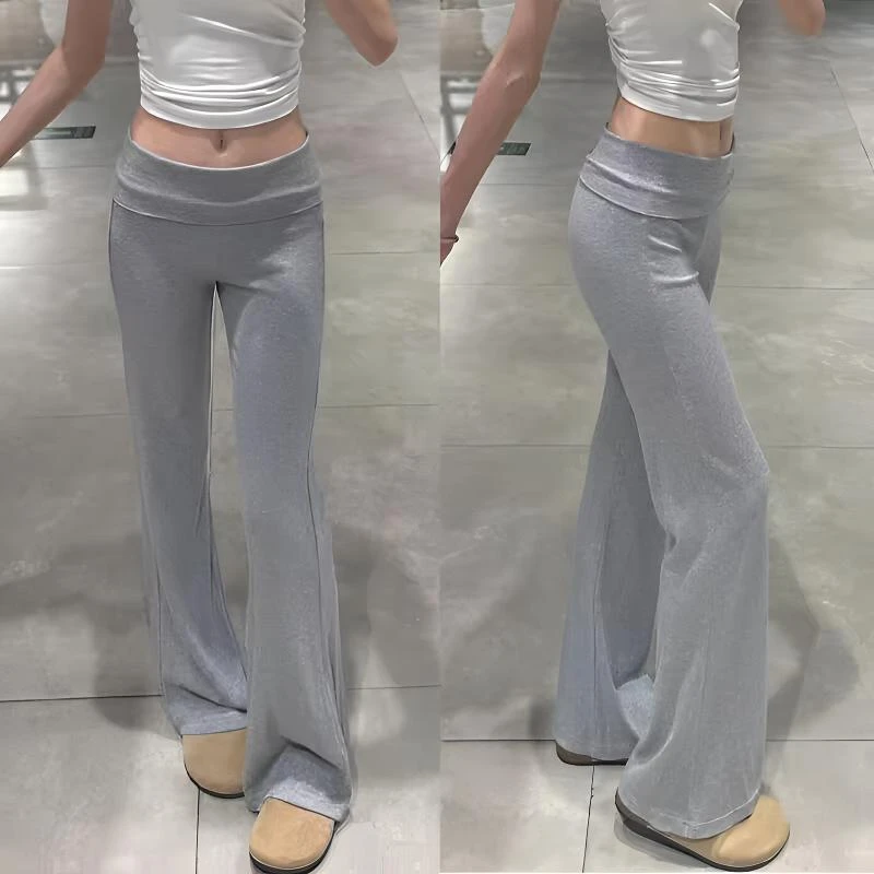 灰色运动喇叭裤女夏季薄新款高腰修身显瘦小个子休闲裸感微喇裤子