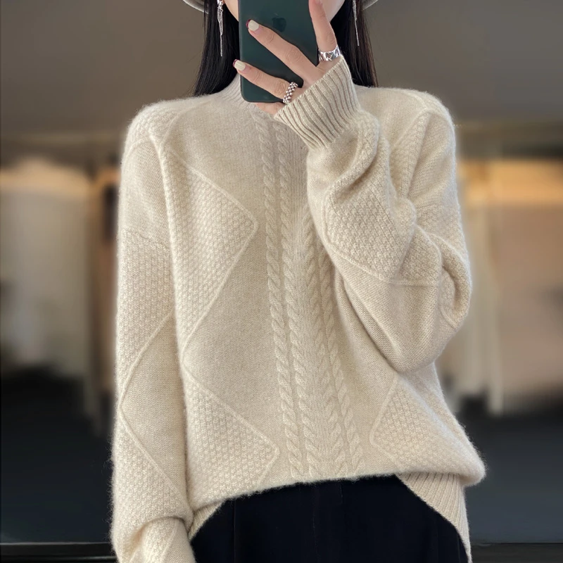 【崔万志20周年】七针加厚100%纯羊毛半高领针织百搭宽松女士毛衣