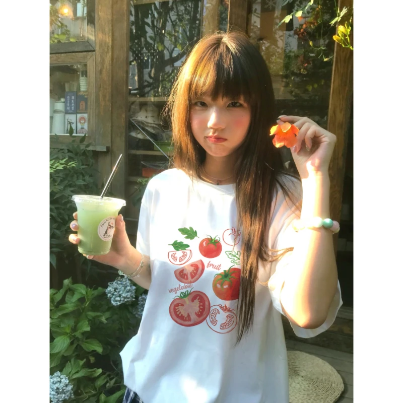 番茄印花夏季新款短袖小个子白色短袖T恤女宽松百搭上衣设计感ins