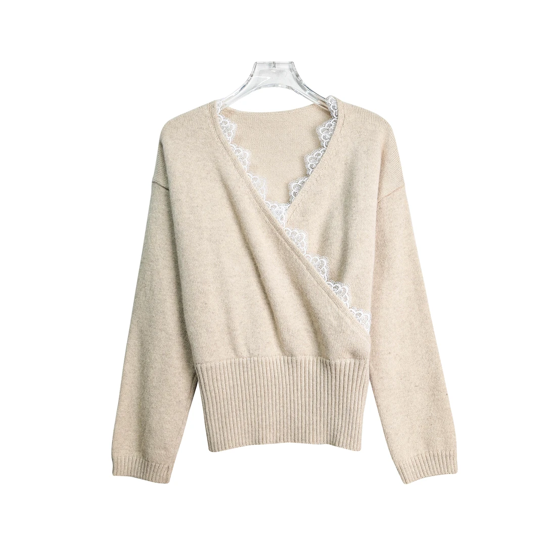 时尚V领杏色蕾丝边百搭毛衣N3522