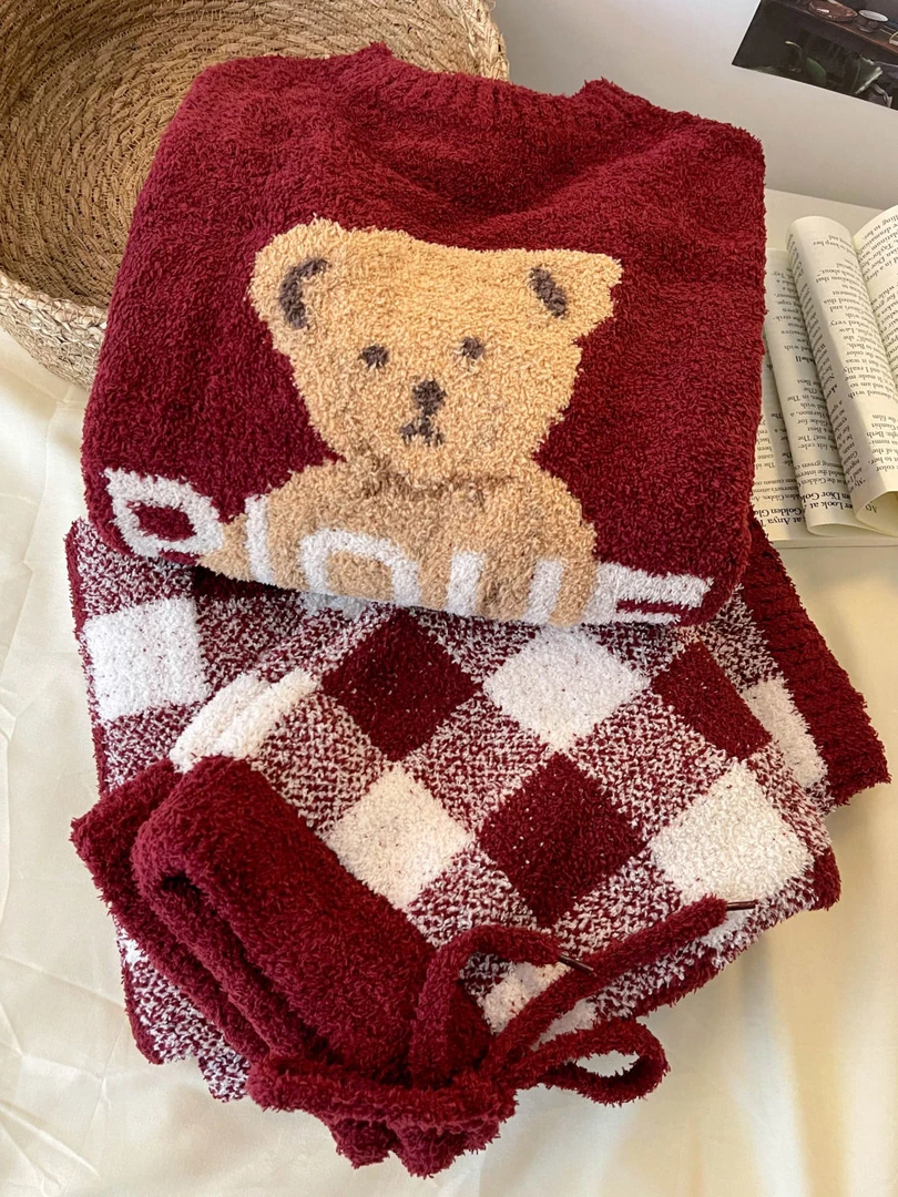 韩版喜庆卡通小熊印花针织半边绒睡衣女秋冬季长袖长裤家居服套装