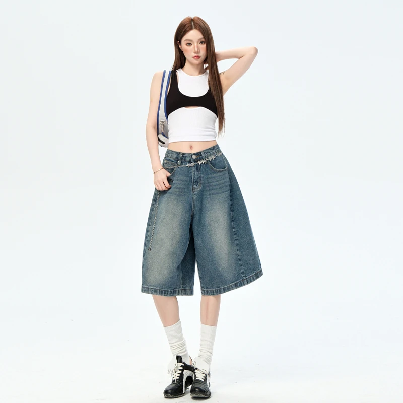 拉夏贝尔美式复古五分裤牛仔短裤女夏季松弛感中裤休闲阔腿裤子