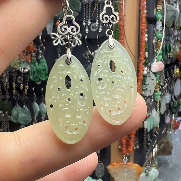 和田玉银S925镶嵌耳饰