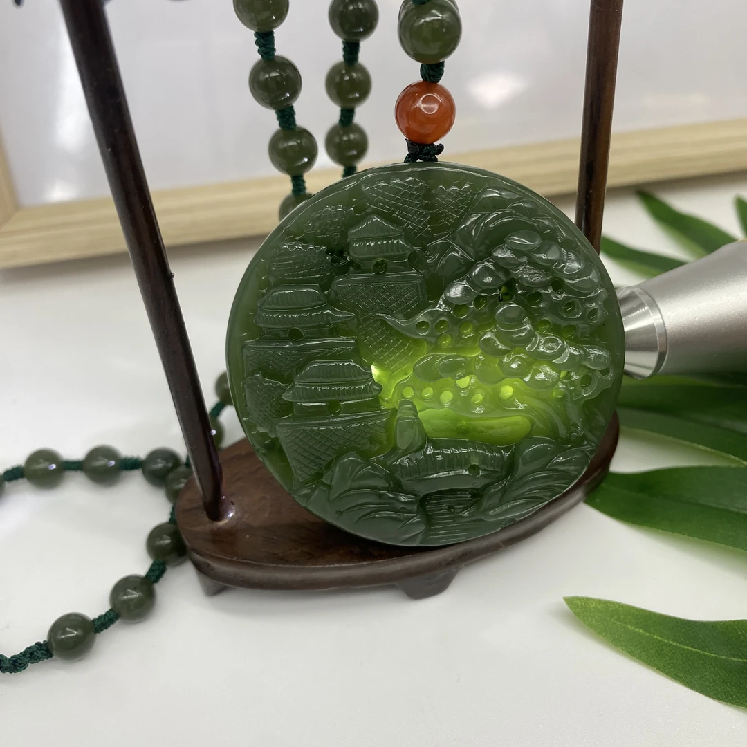 【公子】大师推荐和田玉碧玉富贵圆盘山水牌吊坠精品雕刻精美碧玉吊