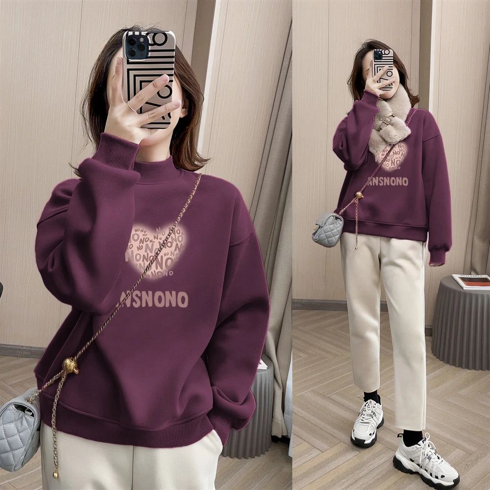 酱紫色加绒保暖卫衣女2025新款秋冬韩版爱心印花半高领打底衫上衣