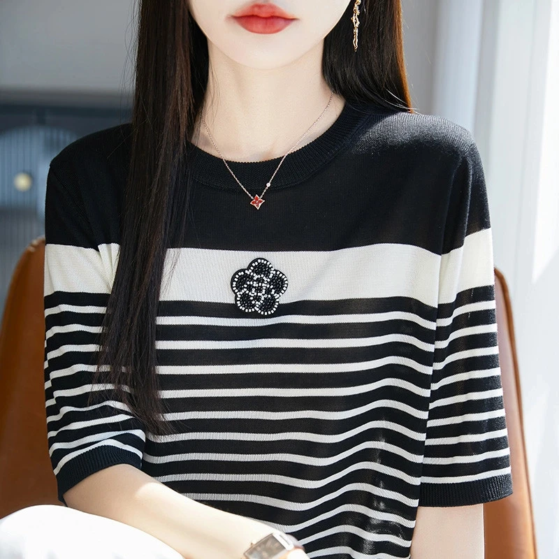 莱赛尔天丝100时尚山茶花复古条纹短袖体恤夏季半袖圆领针织衫34