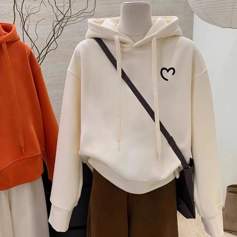 设计感小众秋冬新款2025加绒加厚套头连帽卫衣女韩版杏色外套潮