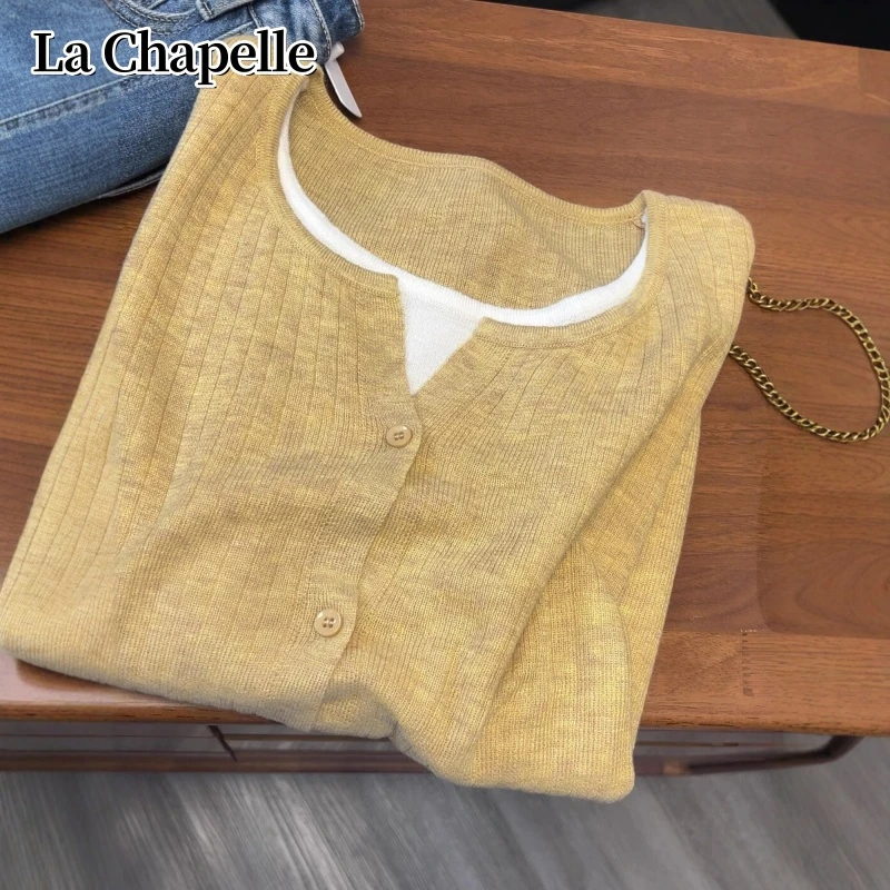 拉夏贝尔2025秋冬季时尚拼色日光黄毛衣女假两件宽松百搭针织上衣