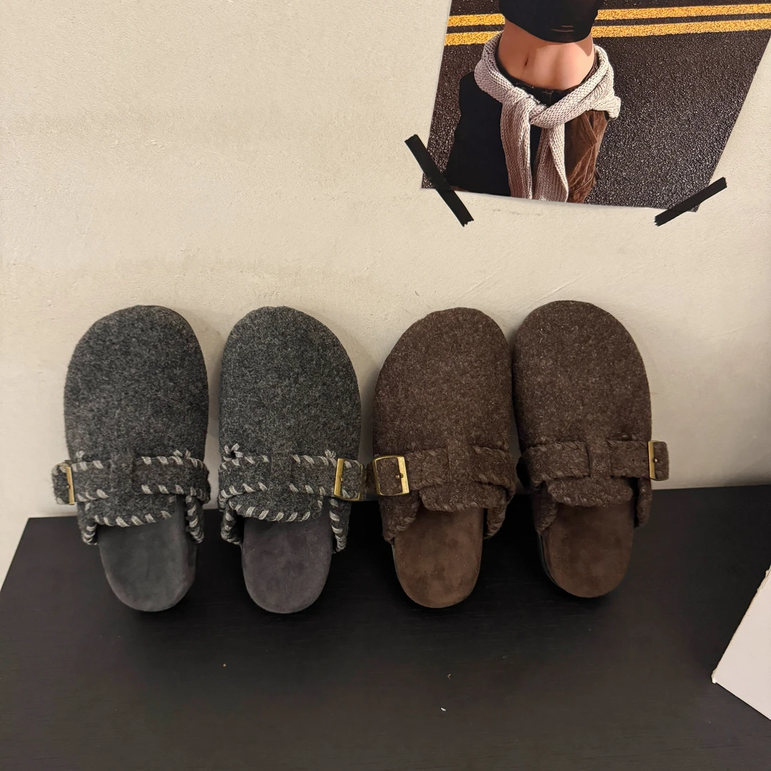 秋冬毛呢！复古厚底包头半拖勃肯毛毛鞋女2025外穿一脚蹬保暖棉拖