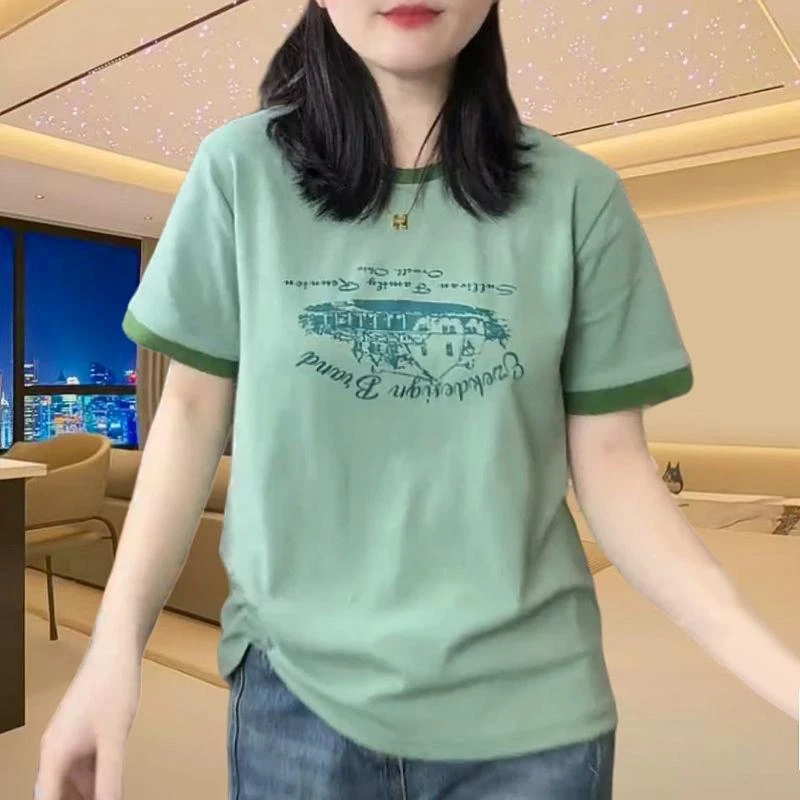 【城堡】春夏大码女装草绿T恤女短袖字母印花上衣宽松休闲圆领小衫