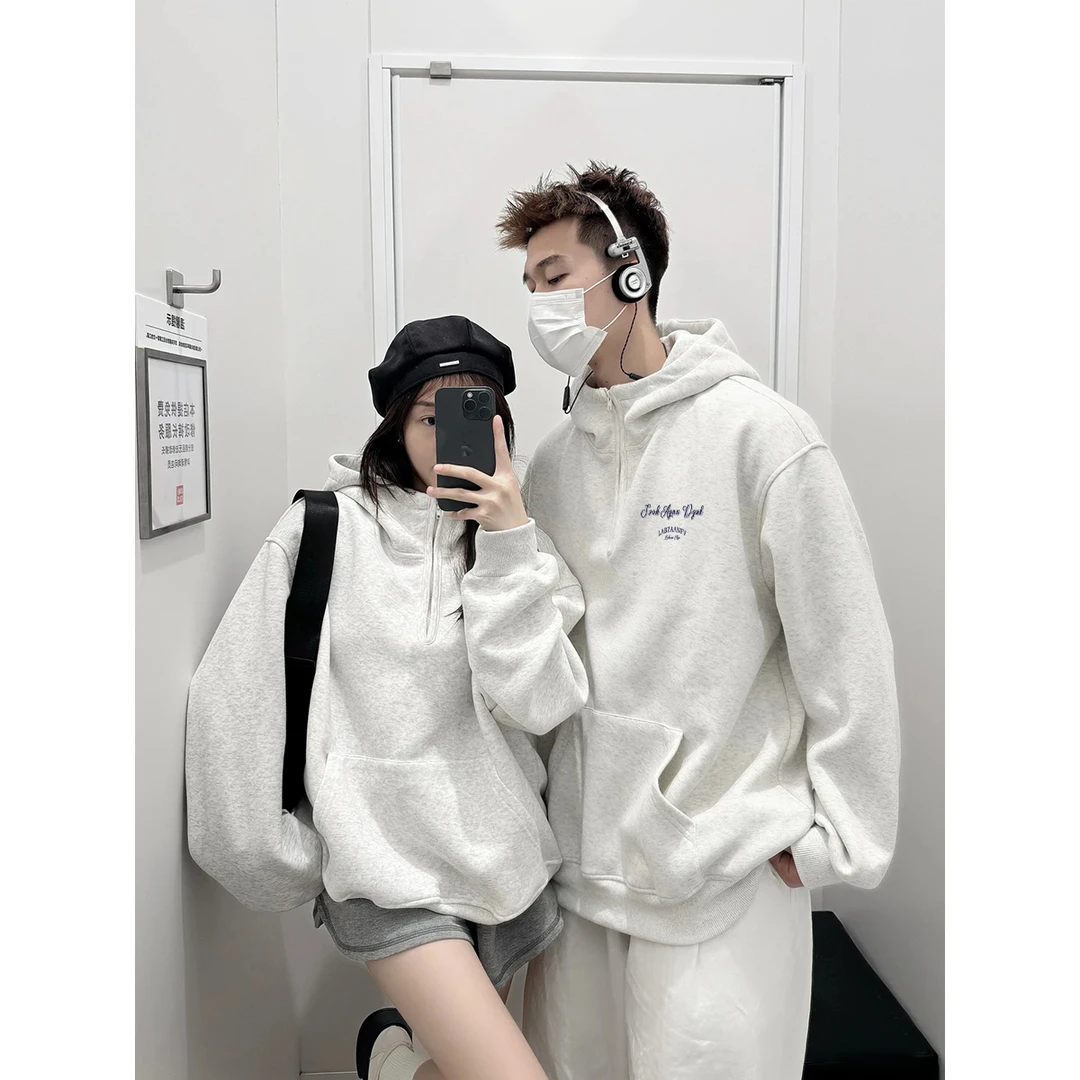 美式潮牌休闲风连帽半拉链卫衣男女秋冬季宽松百搭情侣外套上衣