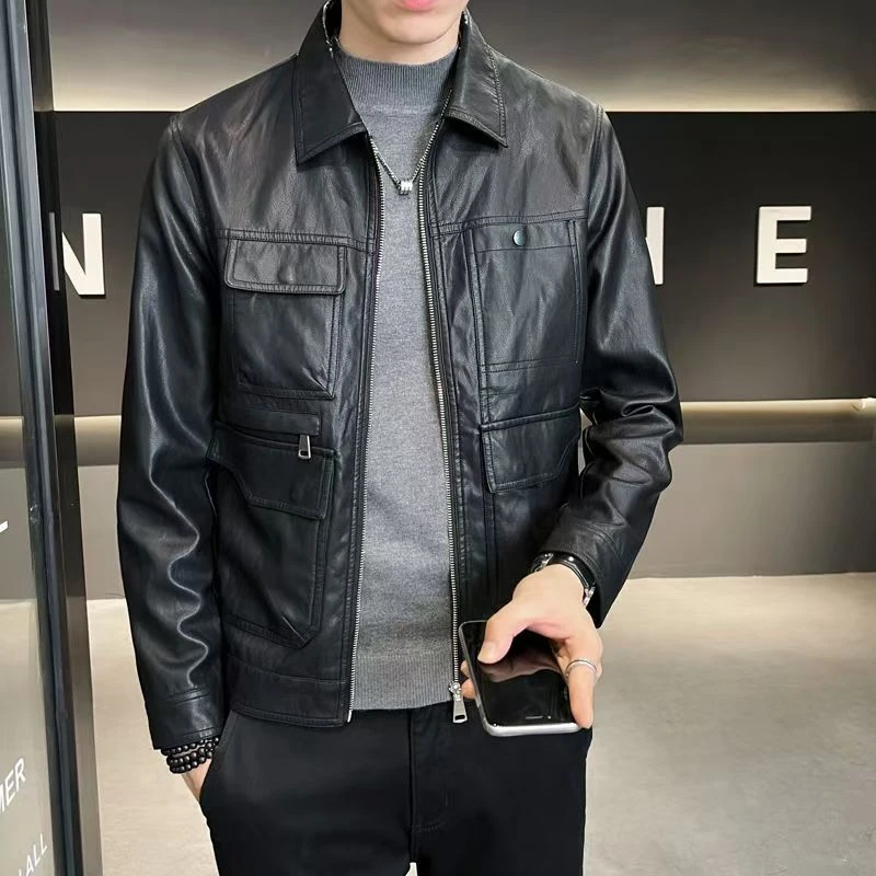 春秋特惠真皮男款休闲时尚百搭黑色修身翻领拉链皮夹克