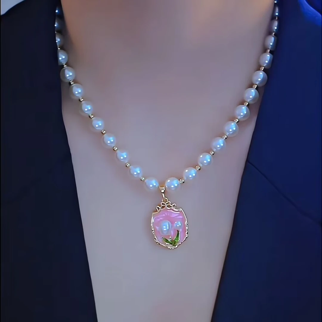 钛钢仿珍珠项链 【粉叶珠】女士项链新款2025爆款首饰女款小众轻奢