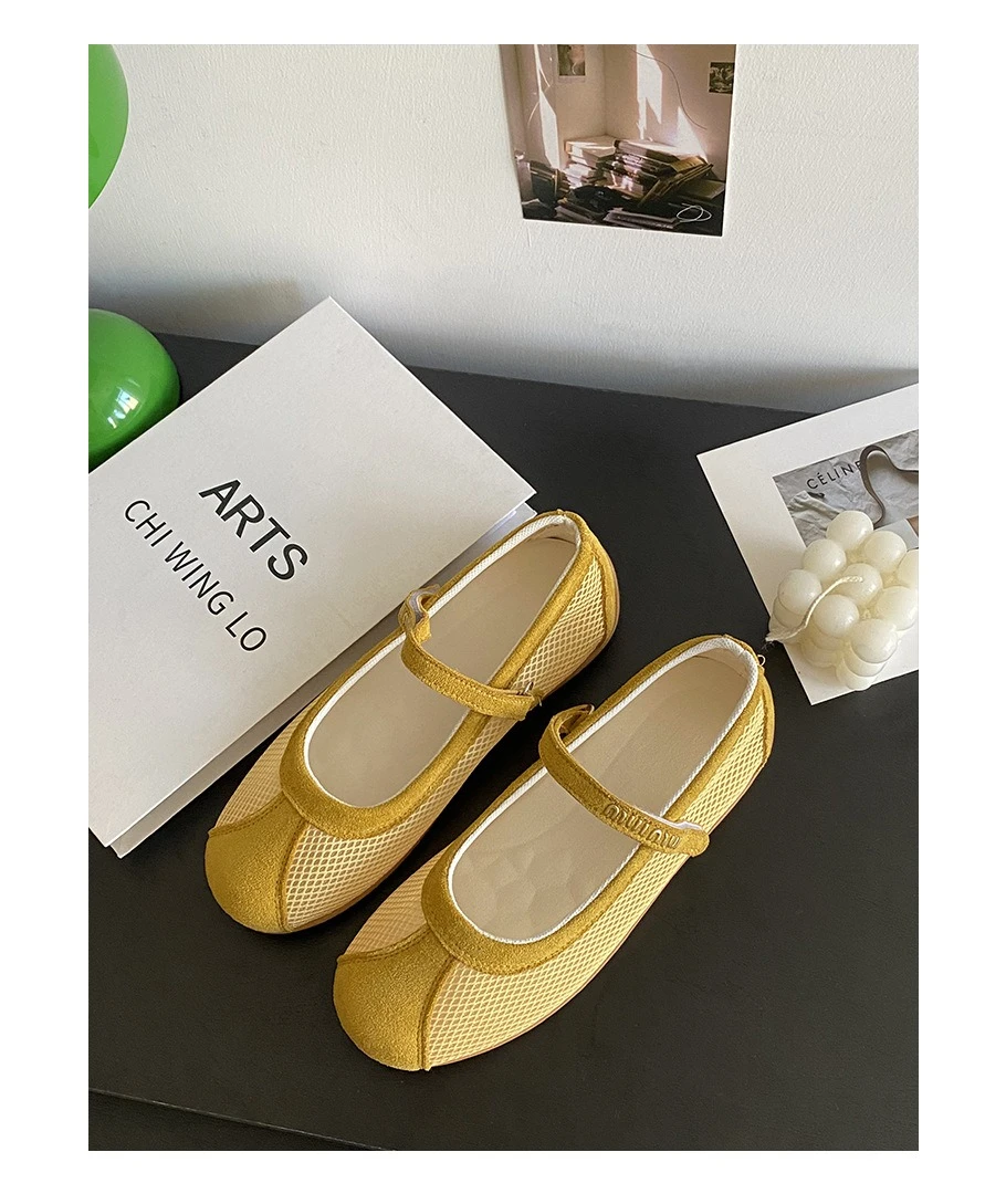 网面玛丽珍鞋女2025夏新款魔术贴一字带平底透气百搭休闲浅口单鞋