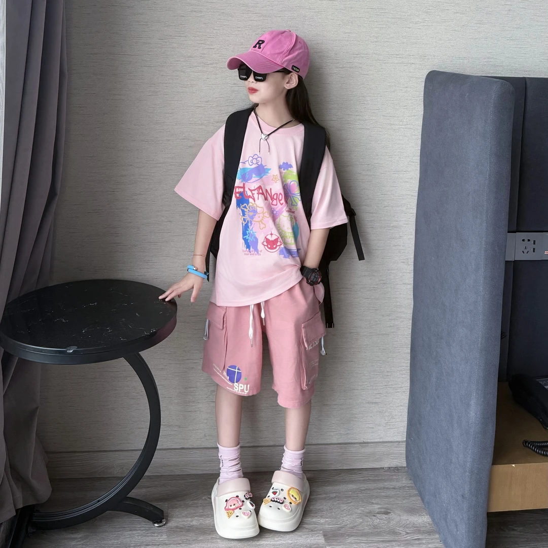 女童套装夏季2025新款儿童洋气时髦短袖T恤中大童女孩休闲两件套