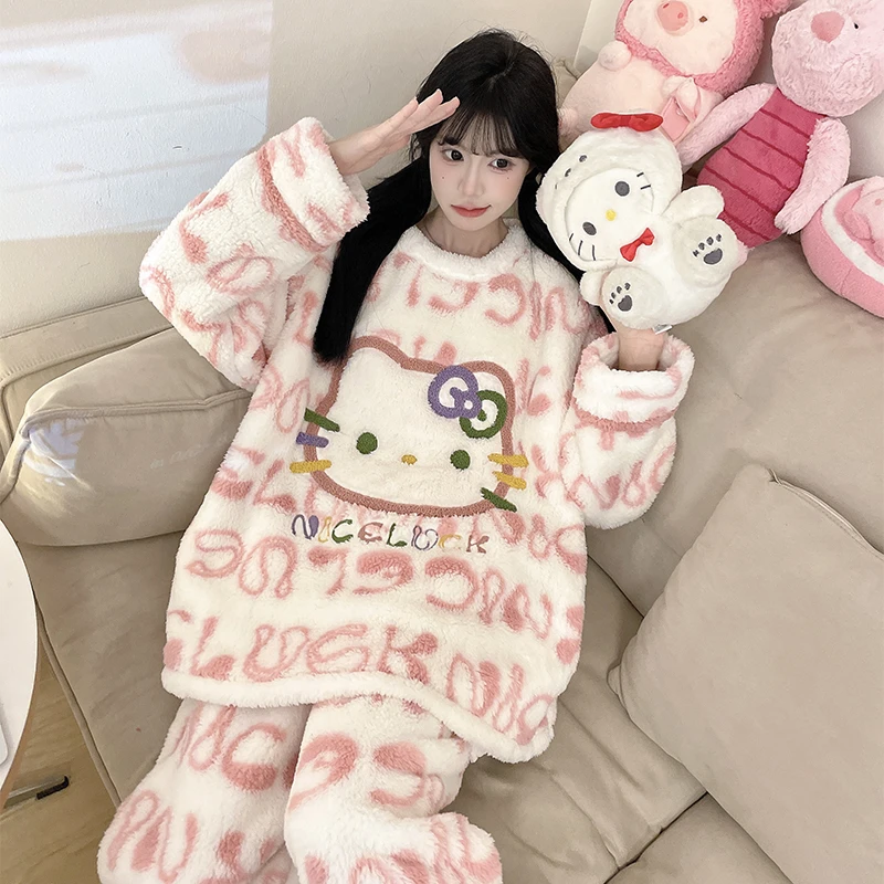 加绒加厚珊瑚绒睡衣女款秋冬季胖mm加大码学生可爱冬天家居服套装