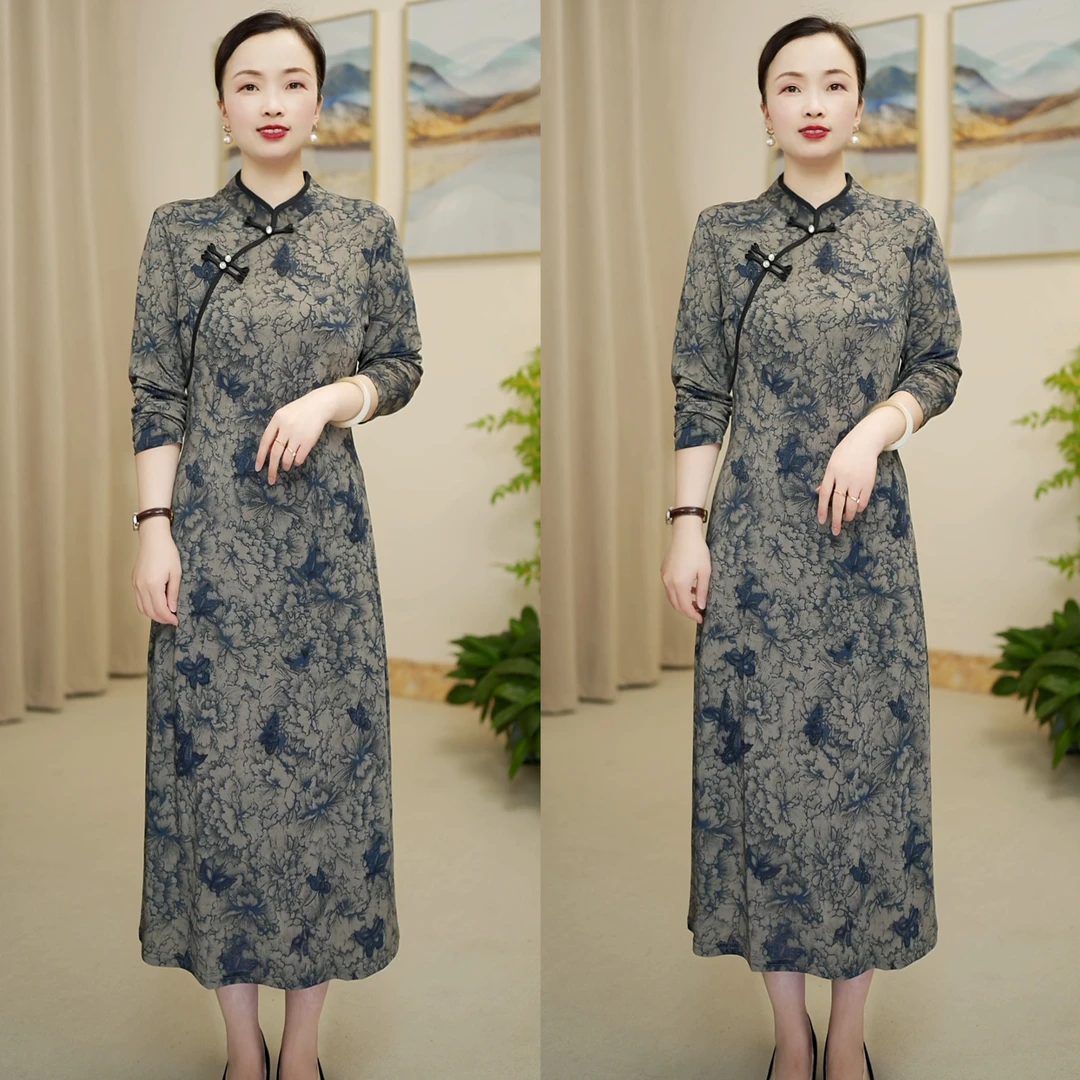 妈妈装新中式国风改良旗袍连衣裙中长款长袖薄款优雅显瘦碎花夏季