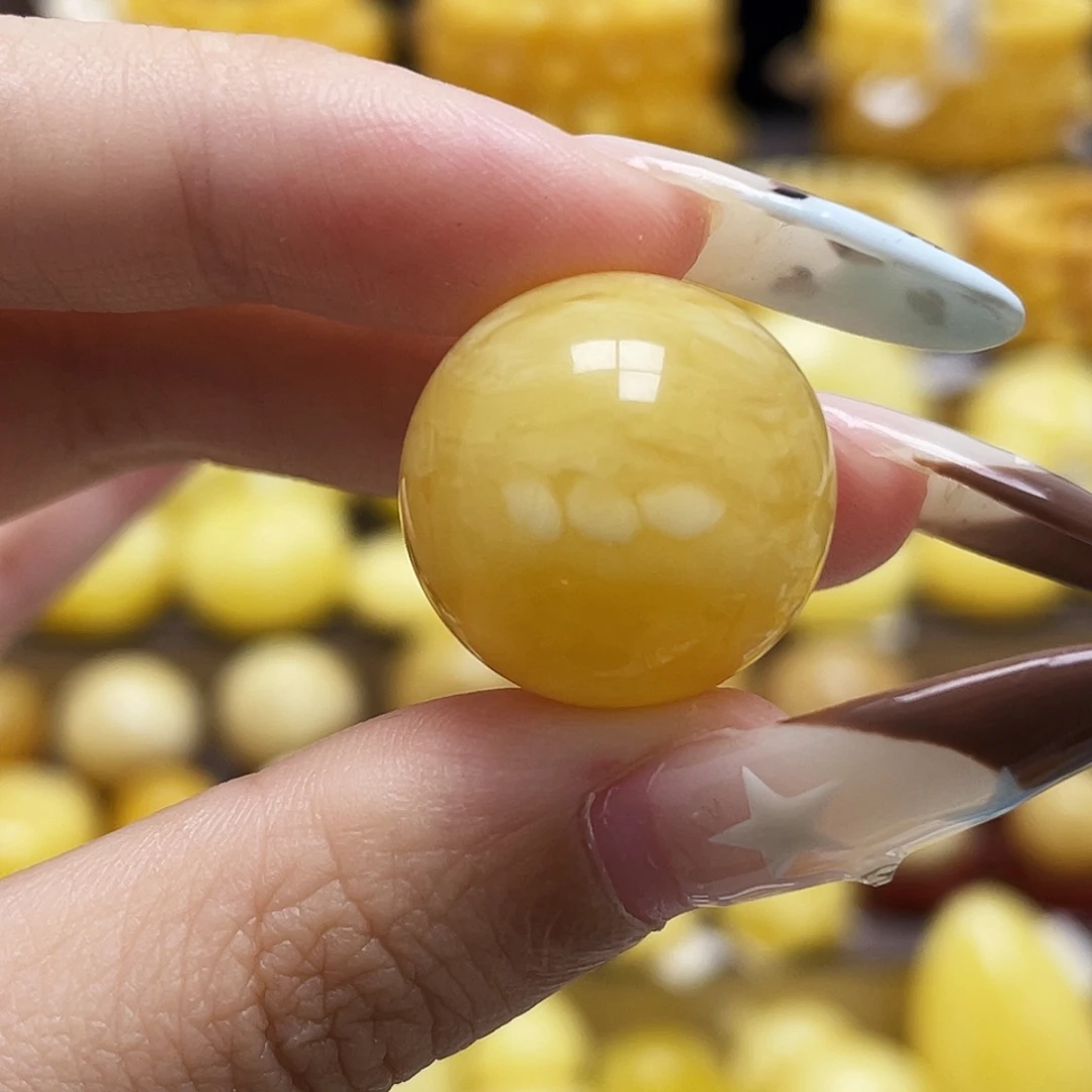 琥珀未镶嵌裸石19.7mm浓蜡妖花圆珠瑕