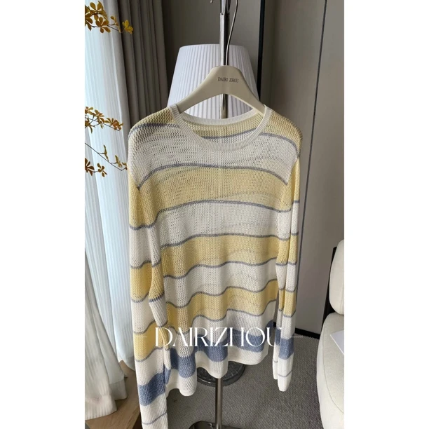 DAIRI  ZHOU▪️温暖的怀抱   90天丝10绢丝条纹针织罩衫慵懒风防晒